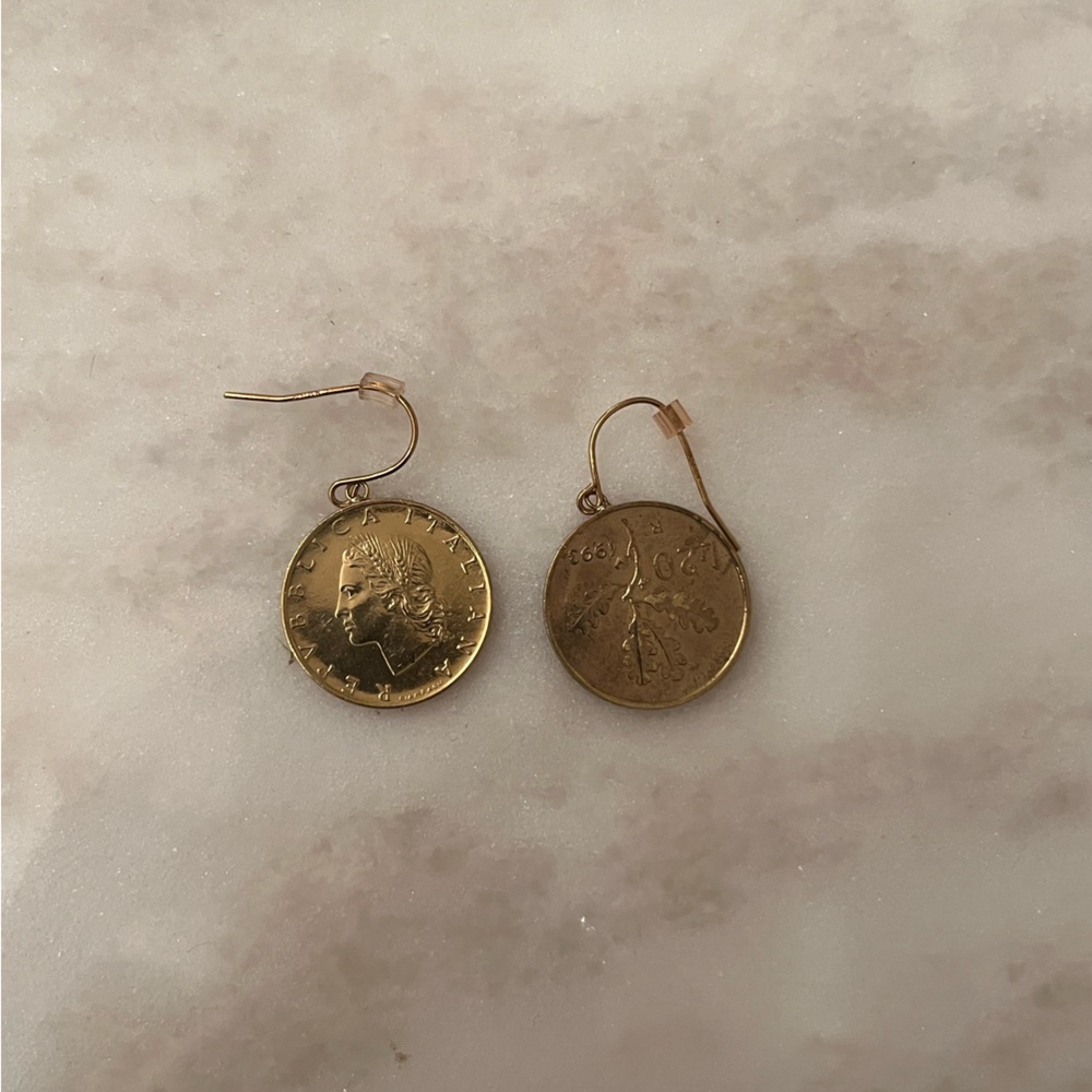 Gold coin earrings with olive tree/ leaf